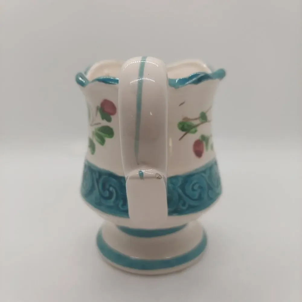 Bella Flora 2319 Ceramic Floral Pitcher Blue Trim Glossy Decorative Pottery